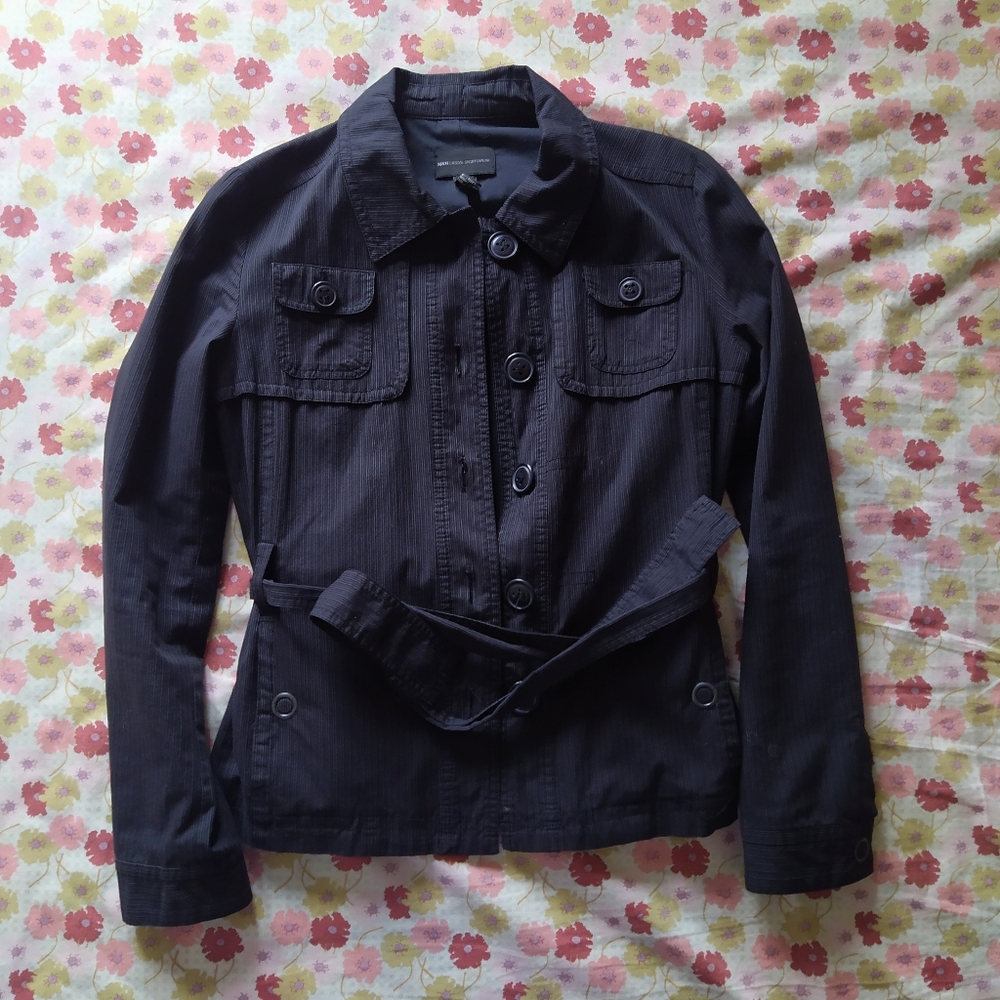 Black Pinstriped Belted Blazer Structured Jacket